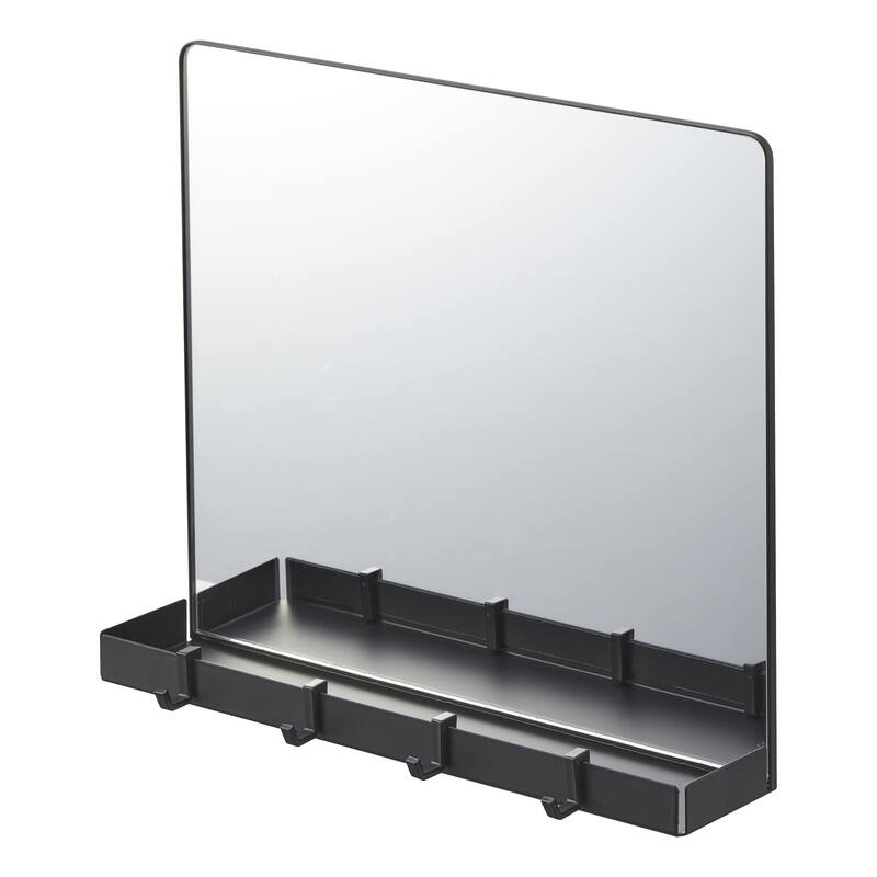 Yamazaki Home Magnetic Mirror with Storage Rack, Glass, Holds 5.5 lbs - L 2.64 x W 11.81 x H 10.24 inches - Black