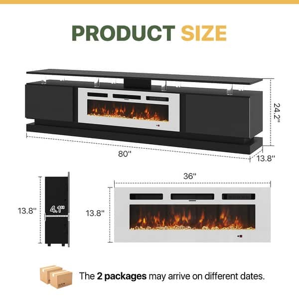 dimension image slide 7 of 8, 70"/80" Modern Fireplace TV Stand with 36" Electric Fireplace