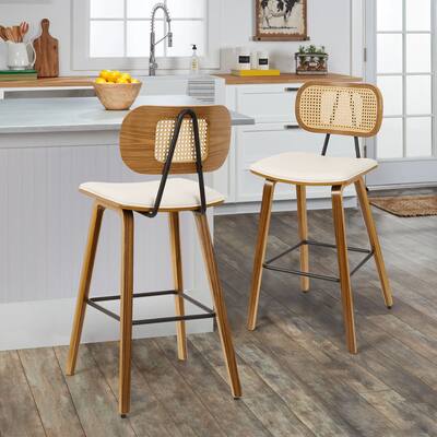 27" Counter Height Bar Stools with Rattan Back and Walnut Wood Frame