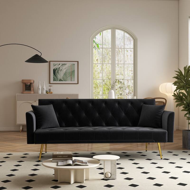 Convertible Sleeper Sofa Bed, Foldable Velvet Loveseat with Adjustable Backrest and Metal Legs, Cloud Chaise Lounge Couch