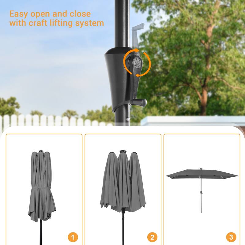 LIVOOSUM 10 x 6.5Ft Solar-powered Large Double-Sided Rectangular Outdoor Patio Market Umbrella with Crank, Gray