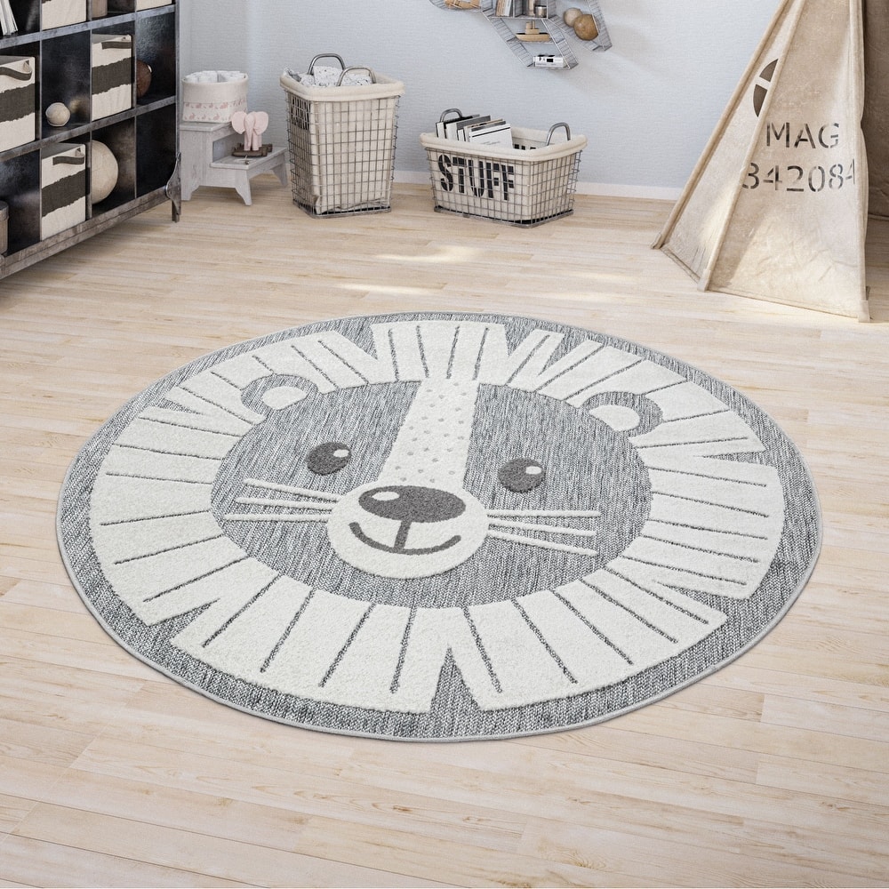 Lion Face Kids Rug Animal Round Play Mat with 3D Effect in Grey