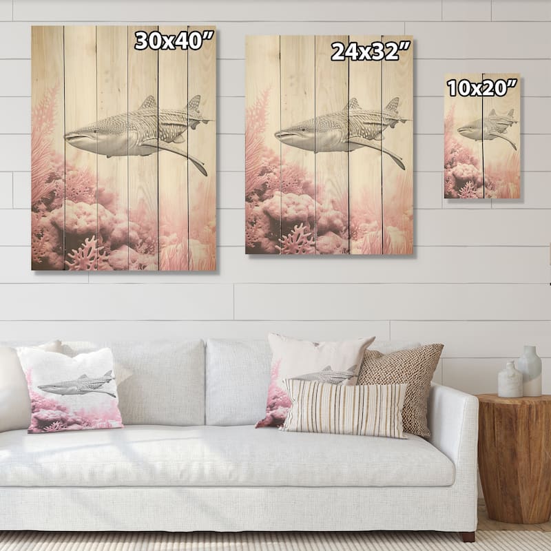 DESIGN ART "Pink And Grey Shark Dance" Shark Wood Wall Decor - Modern Grey Wood Panel On Natural Pine Wood