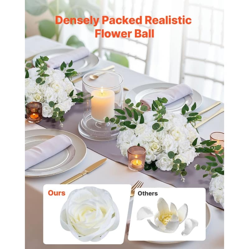 White Silk Rose Flower Balls Set of 10 with Base for Wedding Decor - 17.7 x 17.7 x 7.09 inch