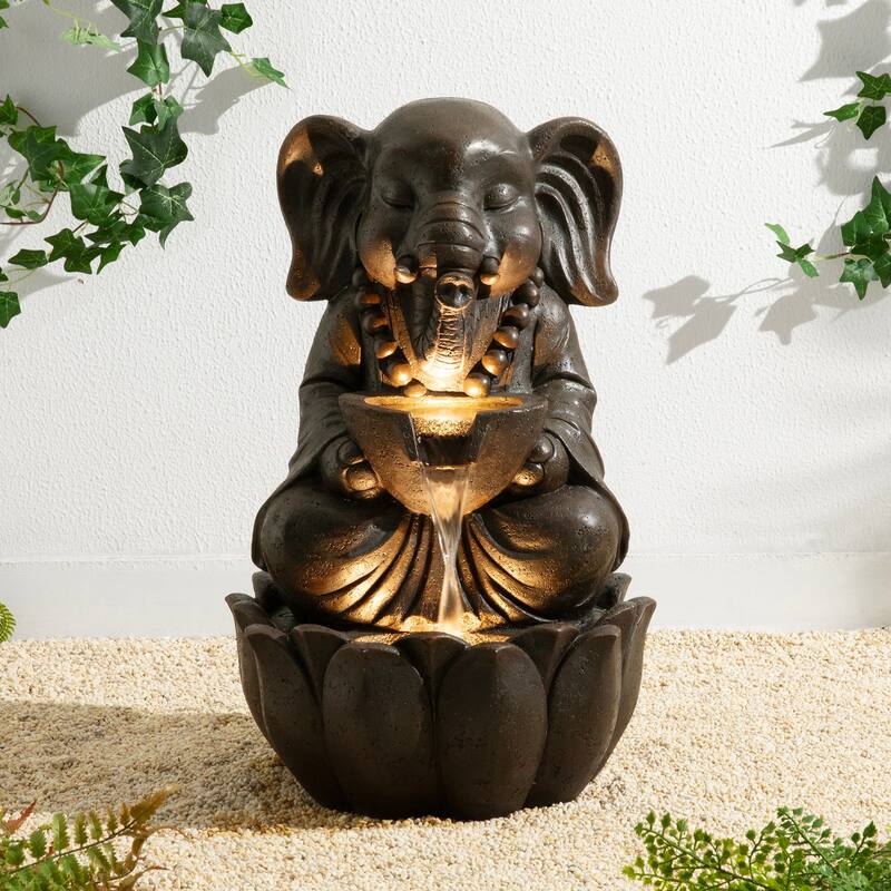 Glitzhome 21.75"H 2-Tiered Lighted Zen Style Frog Elephant Hippo Polyresin Outdoor Fountains