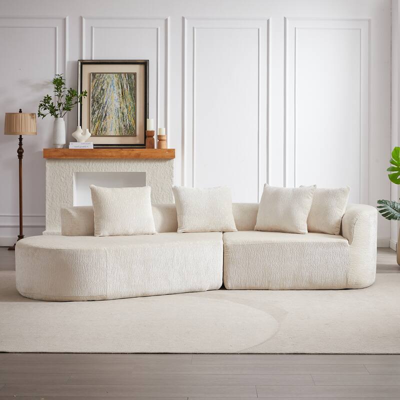 Curved Upholstered Loveseat Sofa Chenille Cloud Couch 4-Seater Chaise Lounge with 4 Throw Pillows for Living Room Recliner