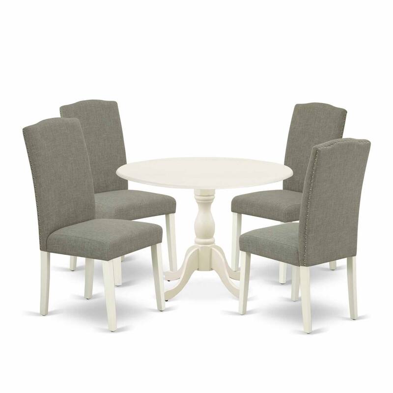 5-Piece Linen White Finish Solid Wood Top Dining Table with 4 Chairs with Drop Leaf