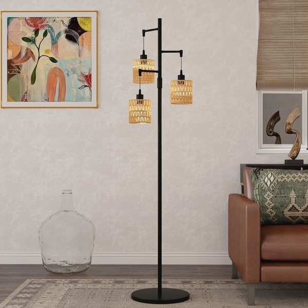 3-Light Rattan Floor Lamp With Foot Switch – Boho Tree Standing Lamp, Wood Rattan Shades, Includes 3 X 6W Bulbs, For Living Room/Bedroom/Office