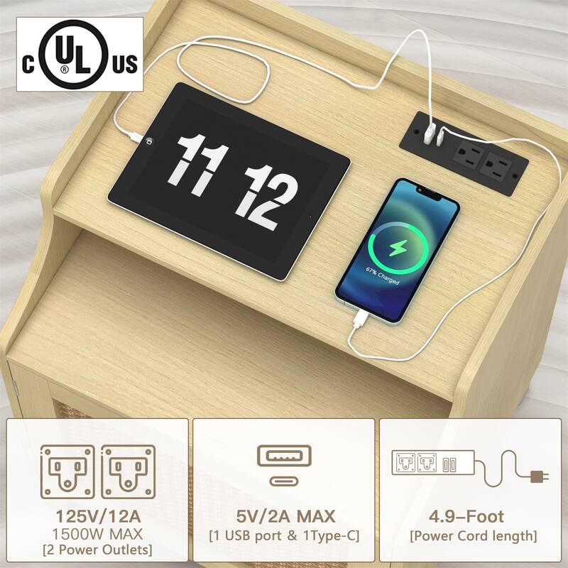 Farmhouse Nightstand with Charging Station & Rattan Door