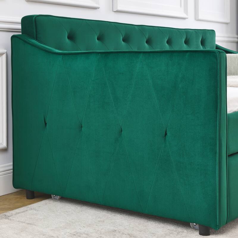 Roomfitters Twin Upholstered Daybed with Twin Trundle, Tufted Backrest and Elegant Waved Arms