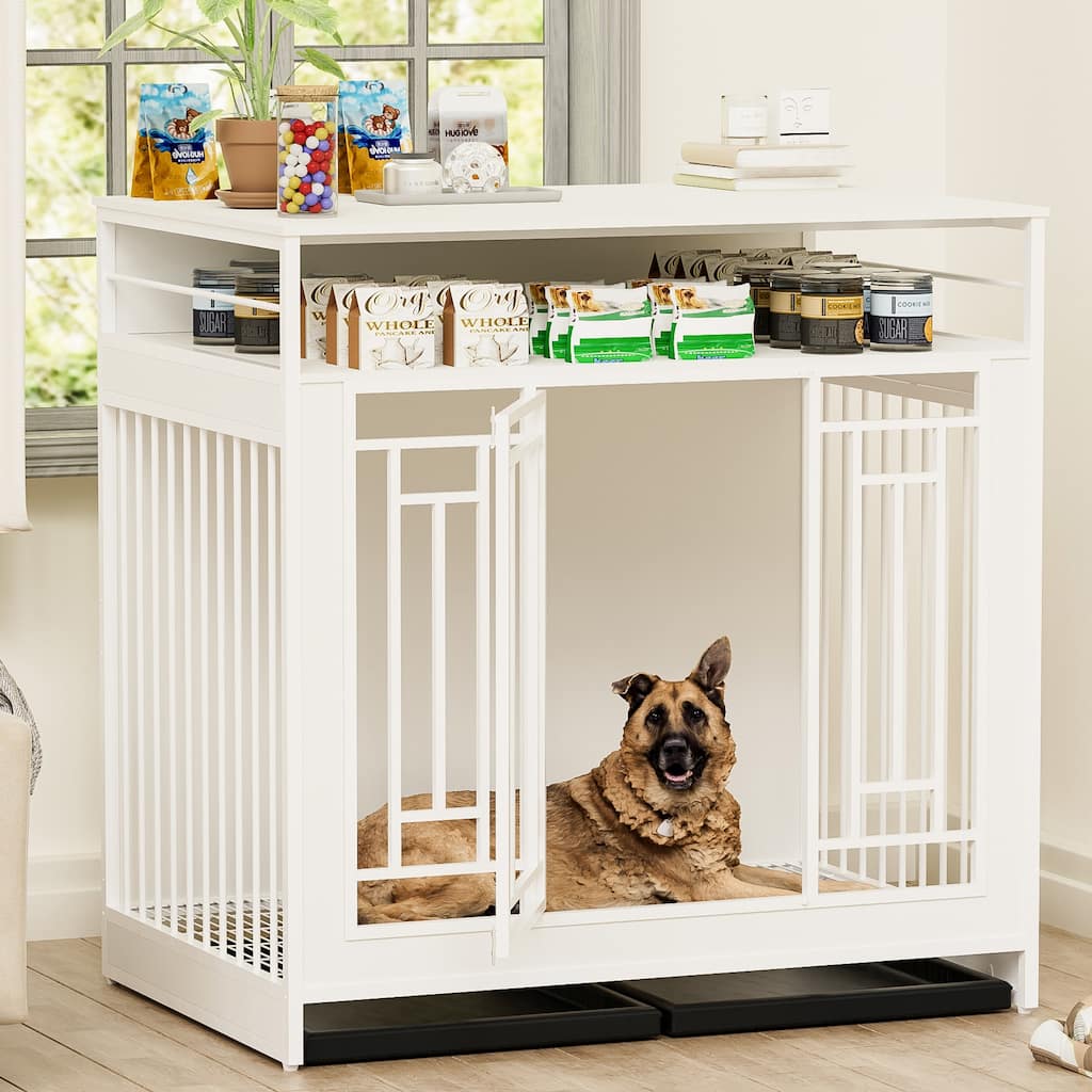 43.3" Dog Crate Furniture for Large Dogs, Wooden Dog Crate with Divider, 2 Door Dog Kennel with 3 Drawers Storage