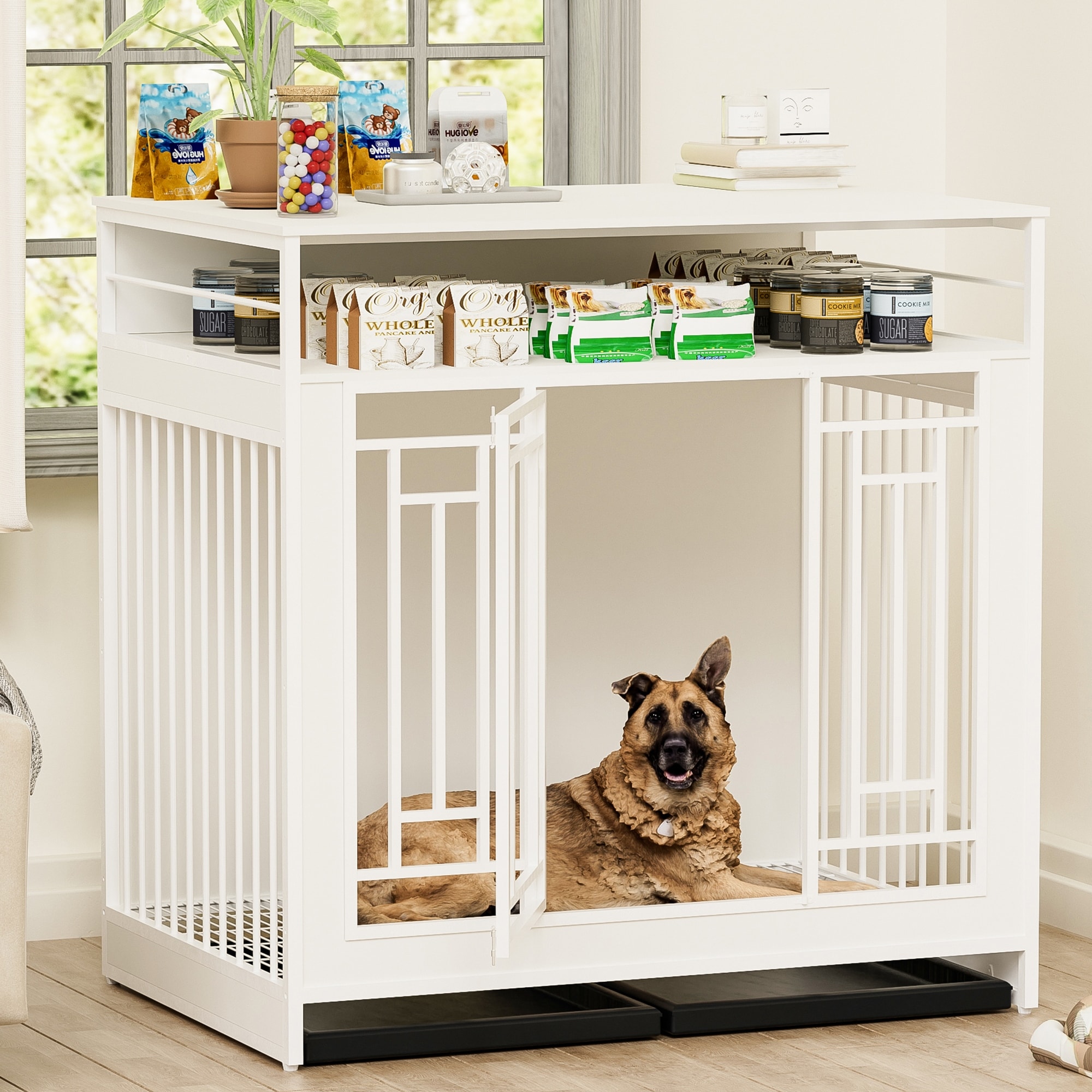 43.3 inch Dog Crate Furniture for Large Dogs, Double Door Dog Kennel with Three Drawers Storages, Heavy Duty Dogs House