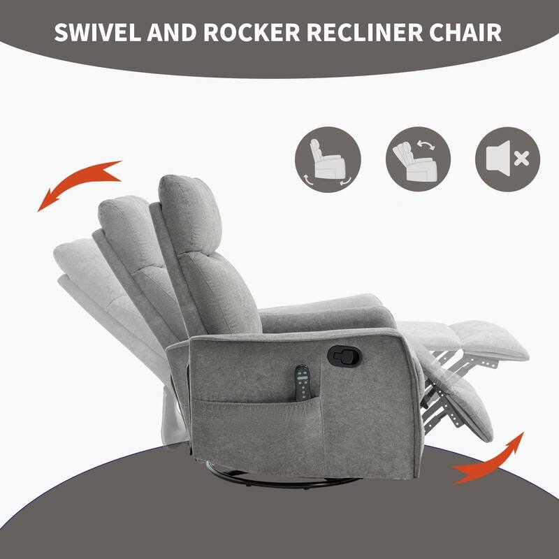 Heat Massage Manual Recliner Chair with Rocker and Swivel in Fabric for Living Room
