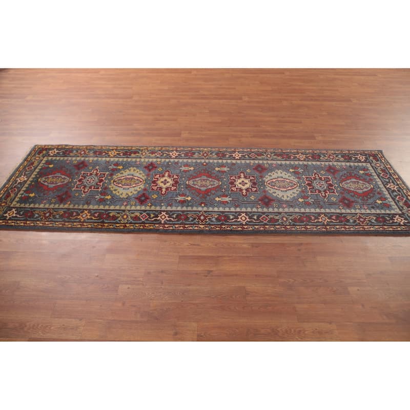 Geometric Kazak Runner Rug Handmade Blue Traditional Wool Carpet - 2'8"x 8'0"