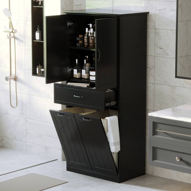 Bathroom Storage Cabinet with Two Laundry Baskets, Storage Cabinet with Doors and Drawer for Home