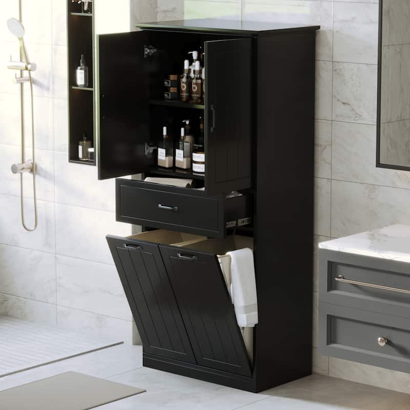 Roomfitters Bathroom Storage Cabinet with Double Laundry Hampers, Doors and Drawer Organizer