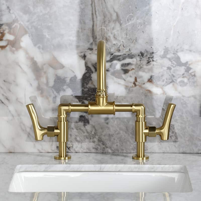 Kingston Brass Hallerbos Two-Handle 4-Hole Deck Mount Bridge Bathroom Faucet with Brass Pop-Up Drain