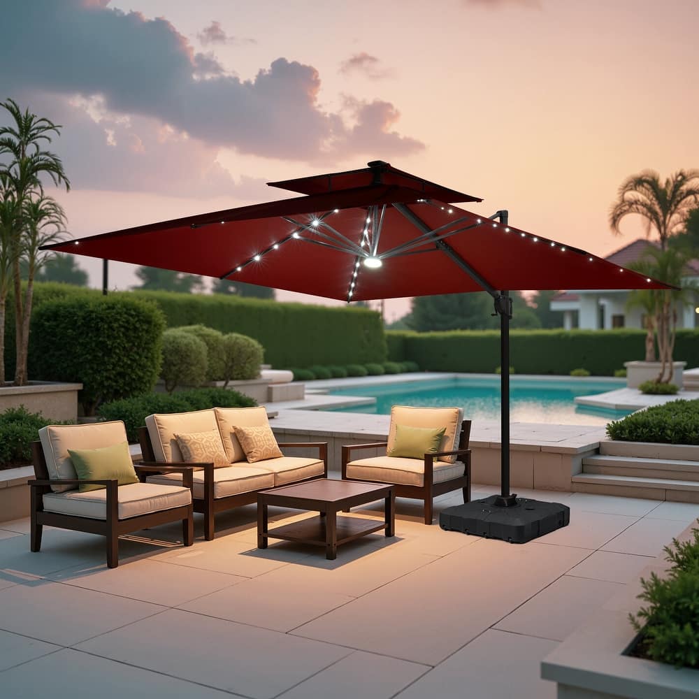 11FT Patio Cantilever Umbrella with LED Lights Double Vented Umbrella with Weighted Base