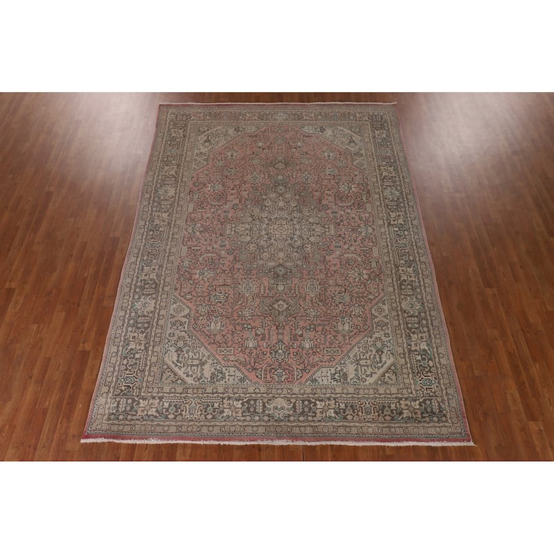 Geometric Pink Tabriz Persian Vintage Rug Hand-Knotted Wool Carpet - 7'11" x 11'2"