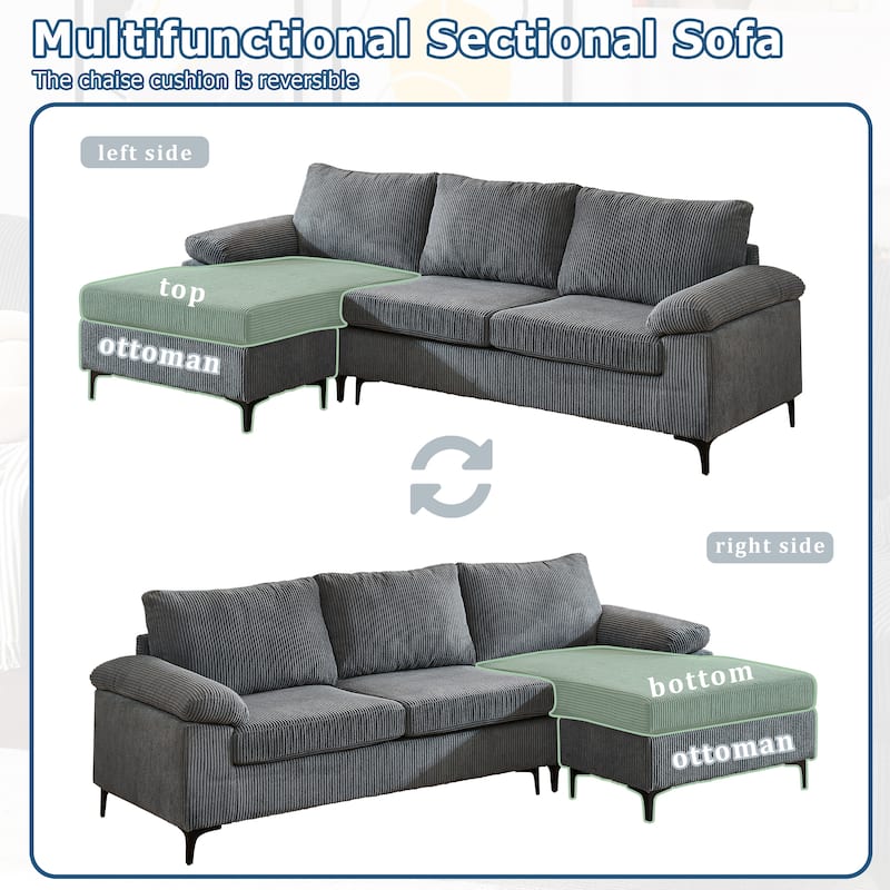 HOOOWOOO Living Room Wide Armrest Corduroy Fabric Chaise Reversible Sofa with Ottoman