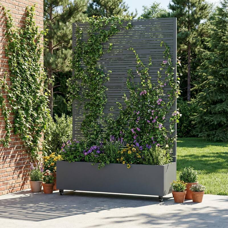 Raised Garden Bed Planter with Trellis Movable Planter Box with Lockable Wheels - 72*47 - Dark Grey