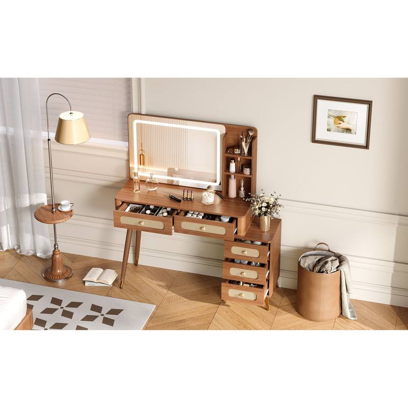 Makeup Vanity with Mirror & Lights, 3 Color Lighting Modes Adjustable Brightness, Dressing Table with 5 Drawers & Storage Shelf