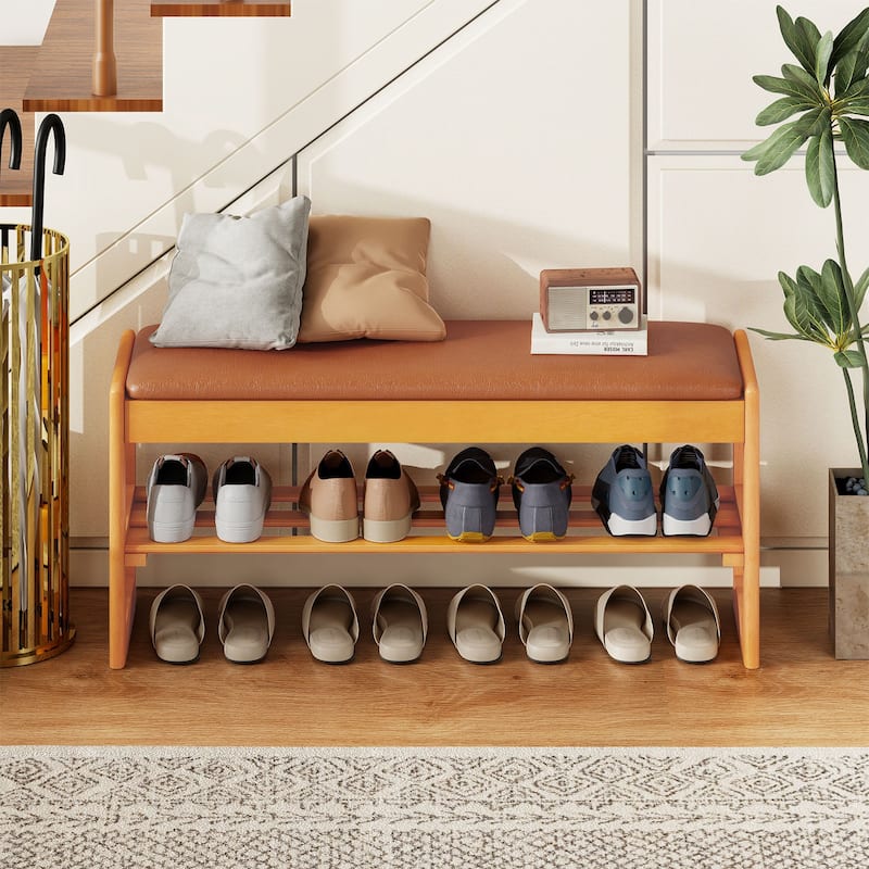 Gymax 40'' 2-Tier Shoe Rack Bench w/Flip-Top Storage Slatted Shelf for