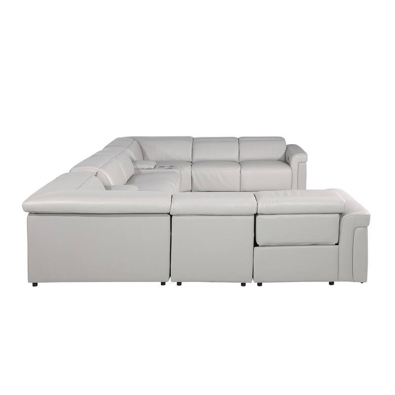 HomeRoots Light Gray Italian Leather Power Reclining U Shaped Ten Piece Corner Sectional With Console