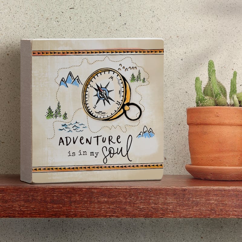 Wood Block Décor Message Adventure in Soul Sign, 3.75 inches Square, Made in The USA - Multi-23