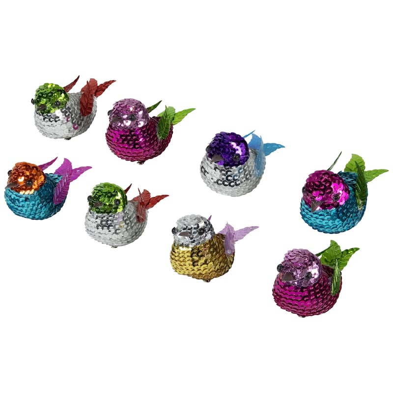 Sequined Birds Clip-On Christmas Ornaments - 2.75" - Multicolor - Set of 8