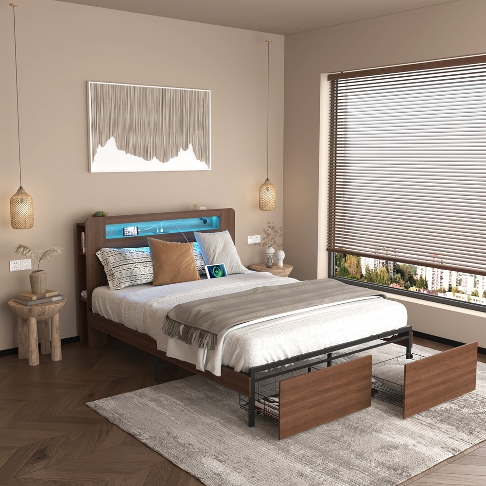 Wood Platform Bed Frame with 2 Storage Drawers,and with Storage LED Light Headboard