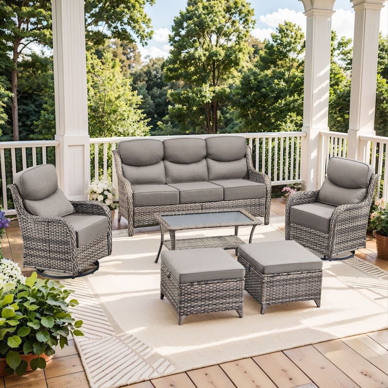 Pocassy Patio Furniture Set with Swivel Chairs, All Weather Patio Wicker - Grey Wicker Grey Cushion - 6PCS Sofa w/ Swivel Chair Table Ottoman