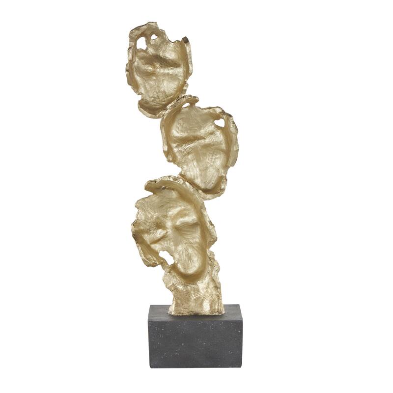 Polystone Mask Stacked Face Cutout Decorative Sculpture with Black Block Base - Gold - Roche River Decor