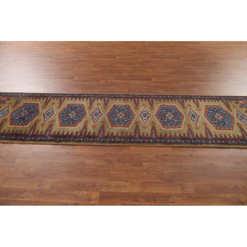 Green Geometric Viss Indian Runner Rug Hand-Knotted Wool Carpet - 2'6"x 9'7"