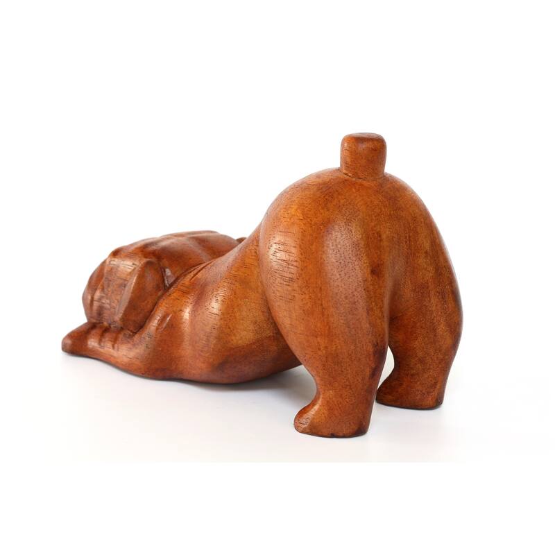 Wooden Hand Carved Crouching English Bulldog Statue Figurine Sculpture Art Decorative Home Decor Accent Handmade Wood Dog