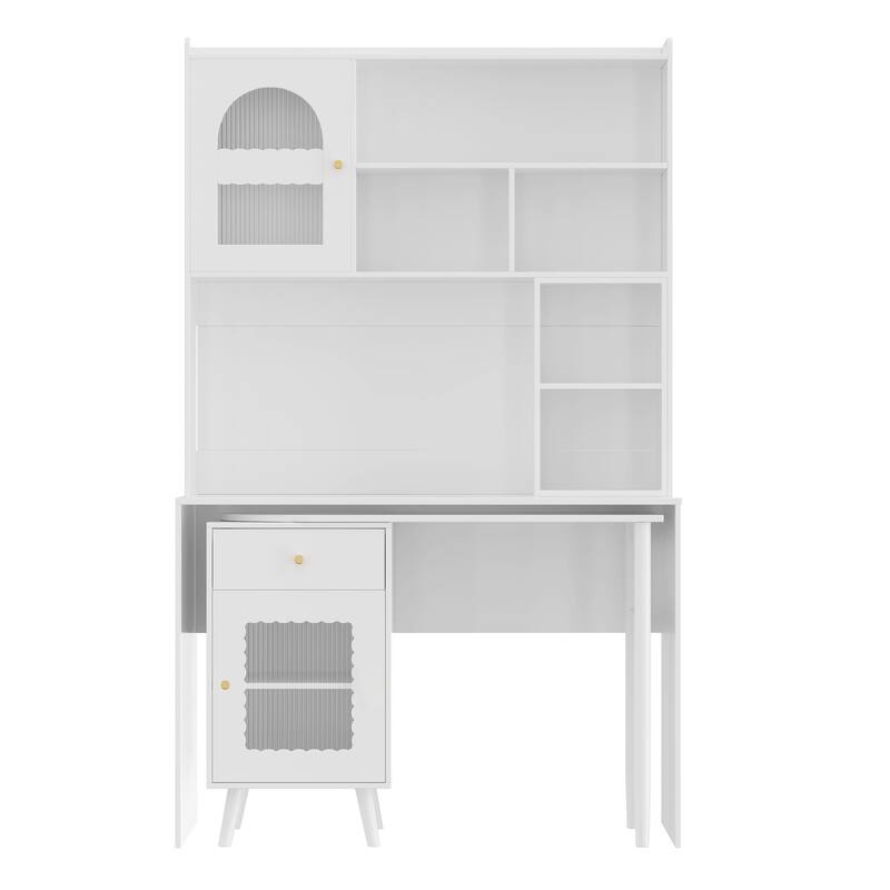 Computer Desk with 90 Rotating Side Table, Storage Drawer, Cabinets and Open Shelves for Home Office Study