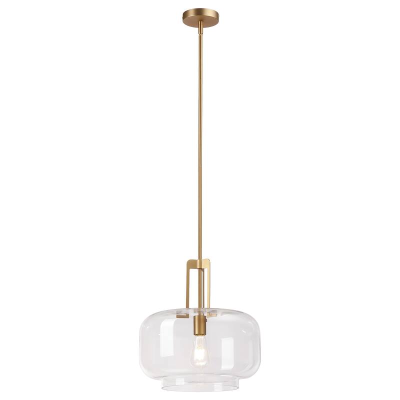15" Modern Brushed Gold Drum Clear Glass 1-Light Adjustable Pendant Hanging Light - N/A