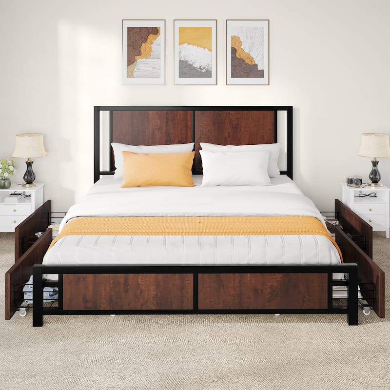 Queen Vintage Wood and Metal Headboard Platform Bed