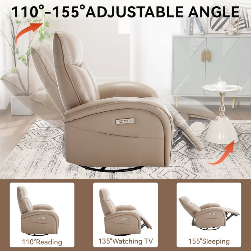 Genuine Leather Power Recliner Chair, 270° Swivel Rocker, USB, Type-C