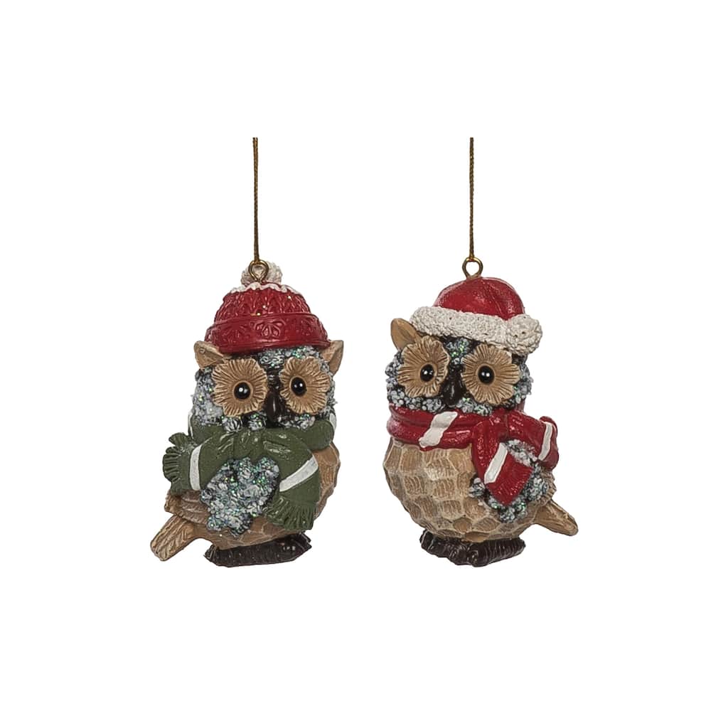 Transpac Resin Bundled Up Owl Ornament Set of 2 Christmas Home Decorations