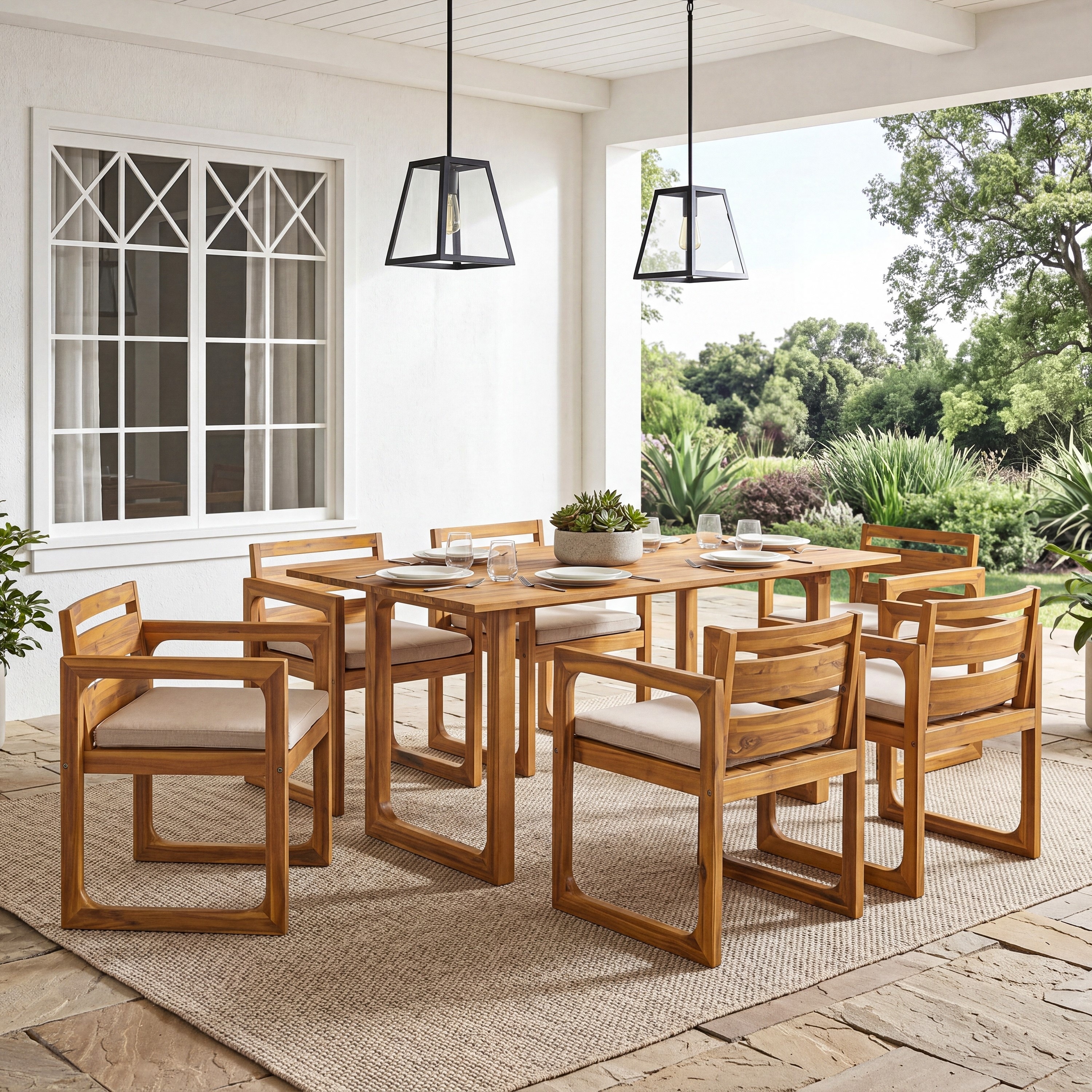 Christopher Knight Home - 7 Piece Modern Solid Acacia Wood Outdoor Dining Set with Slatted Table and Cushioned Chairs