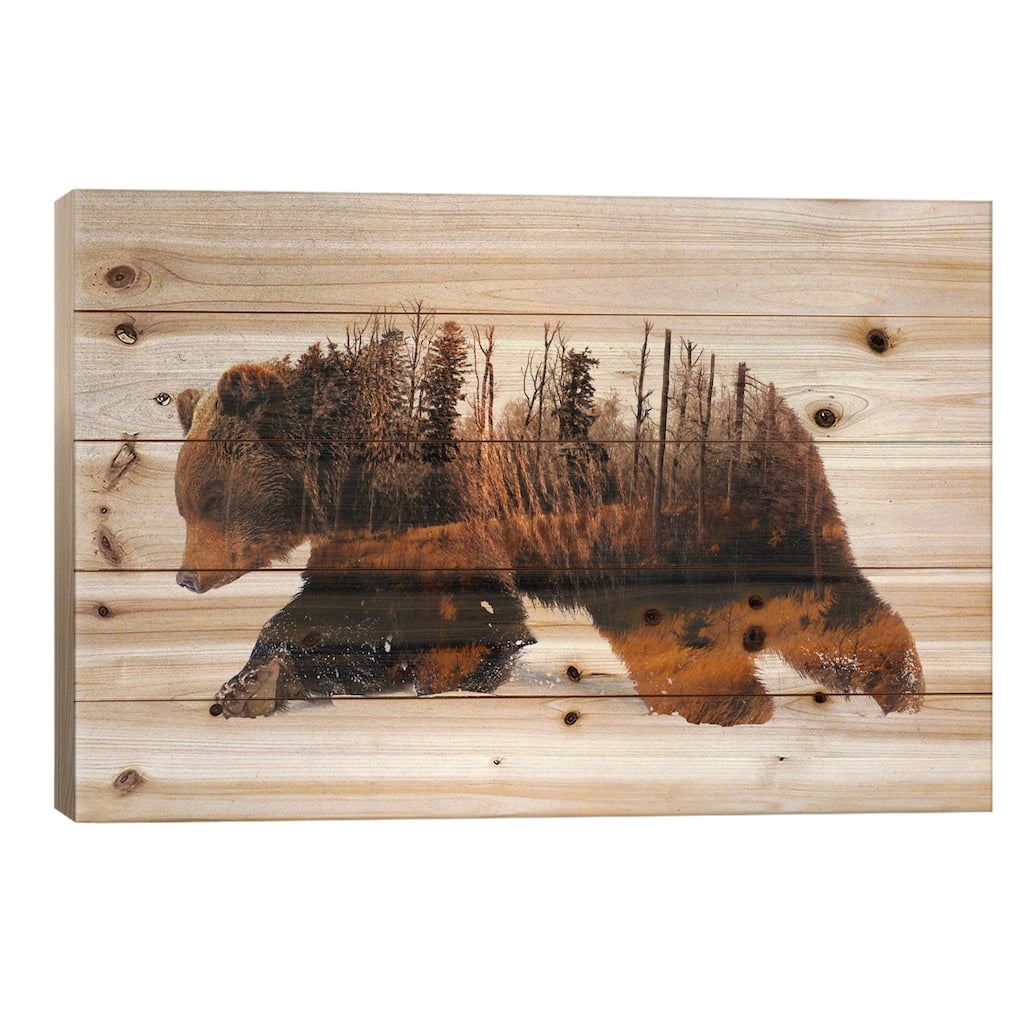 Travelling Bear Print On Wood by Andreas Lie - Multi-Color