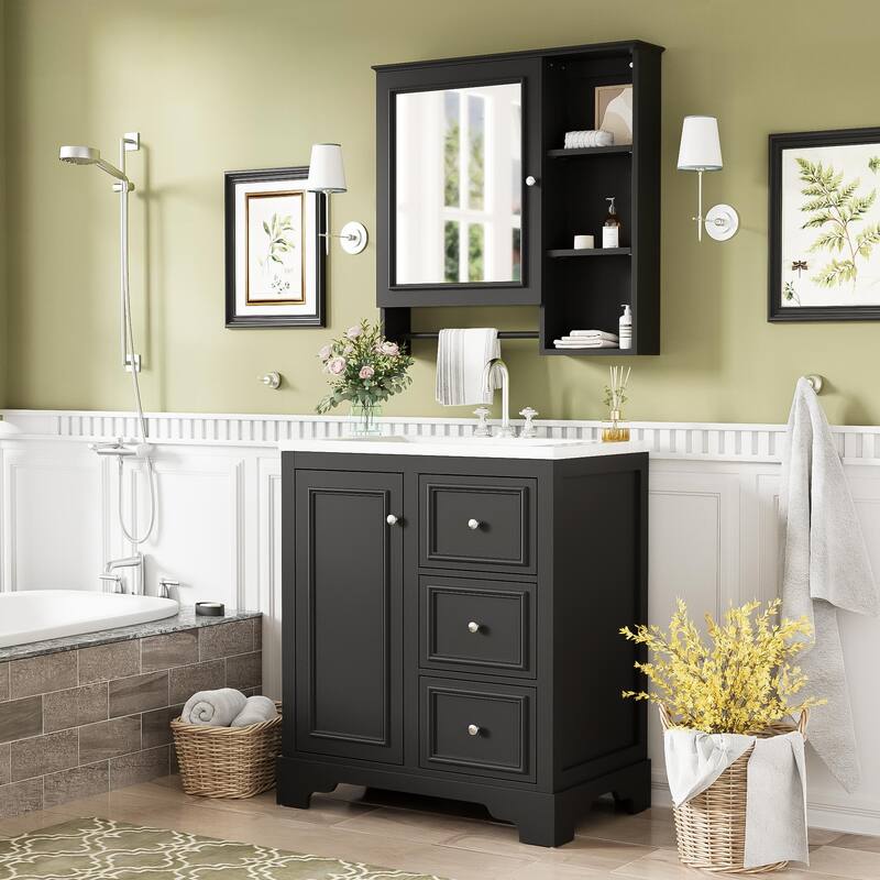 30-inch bathroom vanity with sink, bathroom storage cabinet with 3 drawers , freestanding vanity set with mirror cabinet