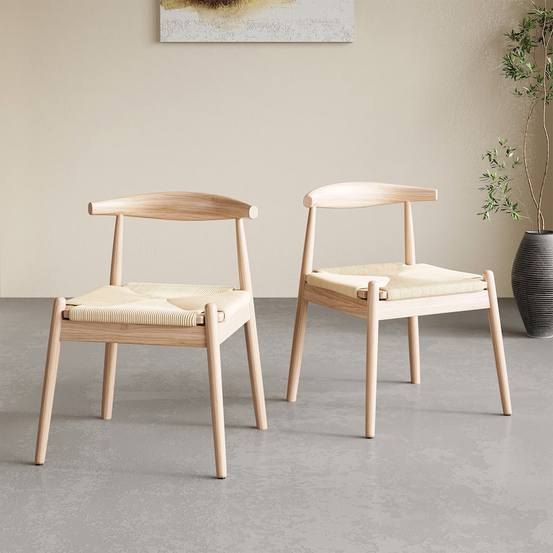 Weave Dining Chairs Set of 2, Mid-Century Modern Kitchen Chair with Solid Oak Frame & Handwoven Seat for Living Dining Room - Natural+Beige