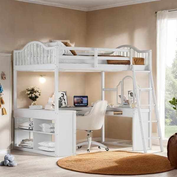 slide 2 of 12, Elegant Full Wooden Loft Bed with U-shaped Desk, Storage Compartments and Tri-fold Mirror, Efficient Workspace, White White