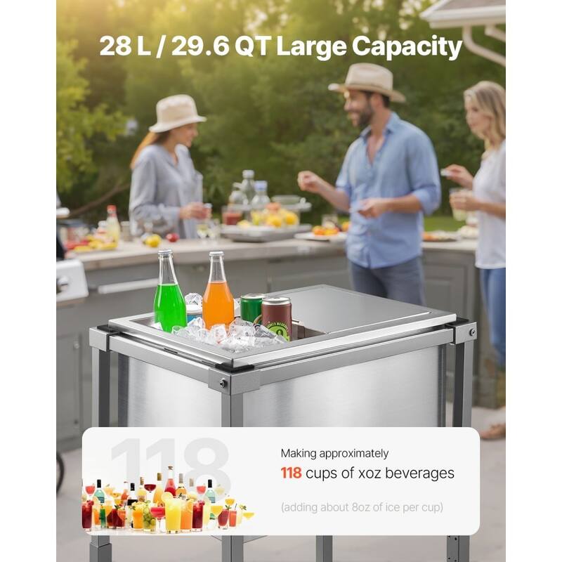 28L Stainless Steel Drop-In Ice Bin with Sliding Lid 24 Hours Insulated Cooler for Outdoor Bar - 20.08 x 14.17 x 38.19 inch