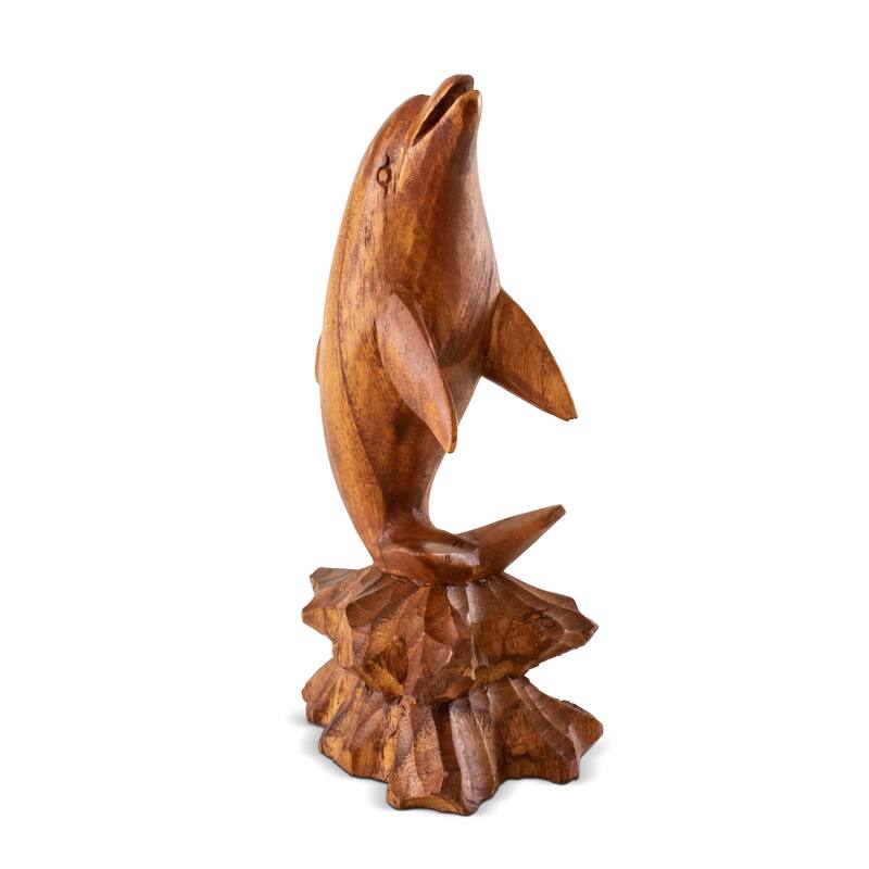 Wooden Hand Carved Dolphin on Coral Statue Sculpture Wood Decorative Home Decor Figurine Handcrafted Handmade Seaside Tropica