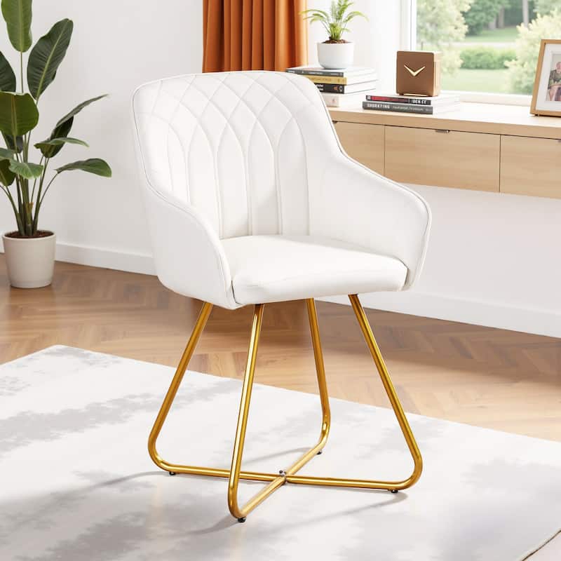 VECELO White Mid-Century Modern Accent Chair PU Leather Vanity Chair with Gold Cross Legs and Wide Armrests for Living Room