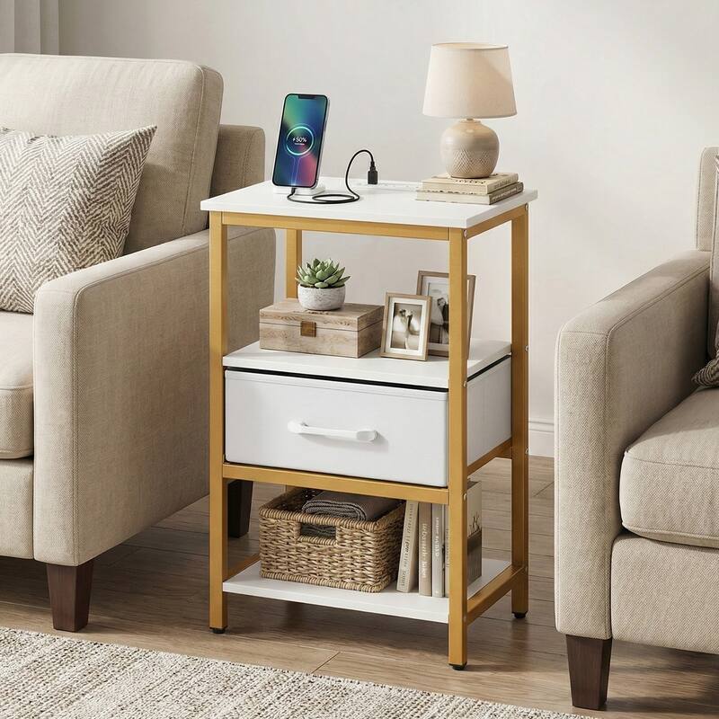 Gymax Nightstand w/Charging Station Set of 2 w/Fabric Drawer & Open