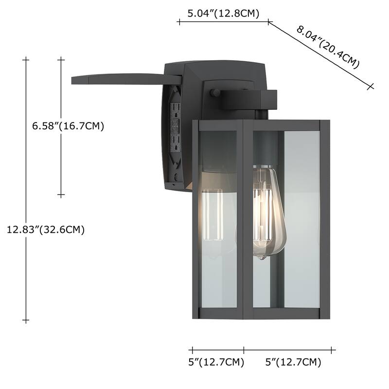 1-Light Matte Black Outdoor Wall Lantern Sconce with GFCI Outlet